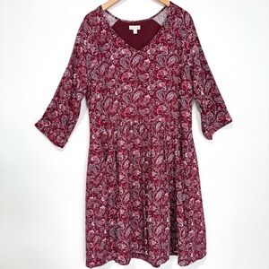 Garnet Hill Dress Womens 10 Burgundy Paisley Drop Waist Pockets Boho Cottagecore